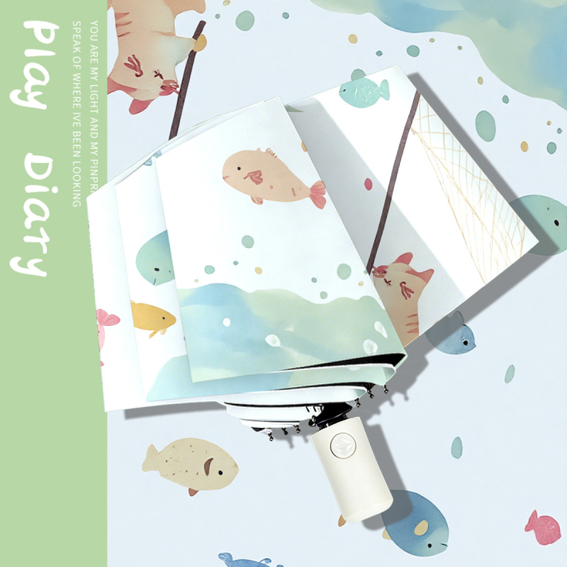 Dječji trostruki sklopivi kišobran s karikaturom, UV zaštita UPF50+, čelični okvir sa srednjom šipkom, 8 rebara, poliester 190T s crnim ljepilom, ručno otvaranje i zatvaranje, mogućnost otiska logotipa