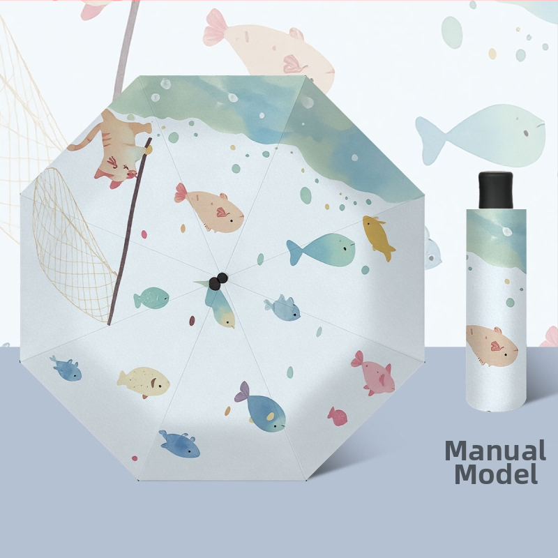 Dječji trostruki sklopivi kišobran s karikaturom, UV zaštita UPF50+, čelični okvir sa srednjom šipkom, 8 rebara, poliester 190T s crnim ljepilom, ručno otvaranje i zatvaranje, mogućnost otiska logotipa