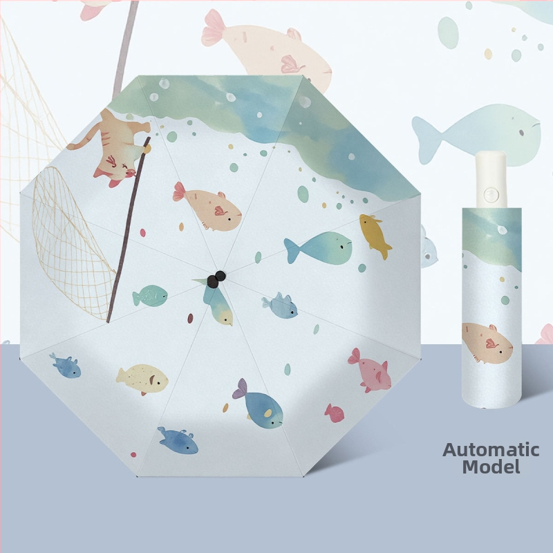 Dječji trostruki sklopivi kišobran s karikaturom, UV zaštita UPF50+, čelični okvir sa srednjom šipkom, 8 rebara, poliester 190T s crnim ljepilom, ručno otvaranje i zatvaranje, mogućnost otiska logotipa