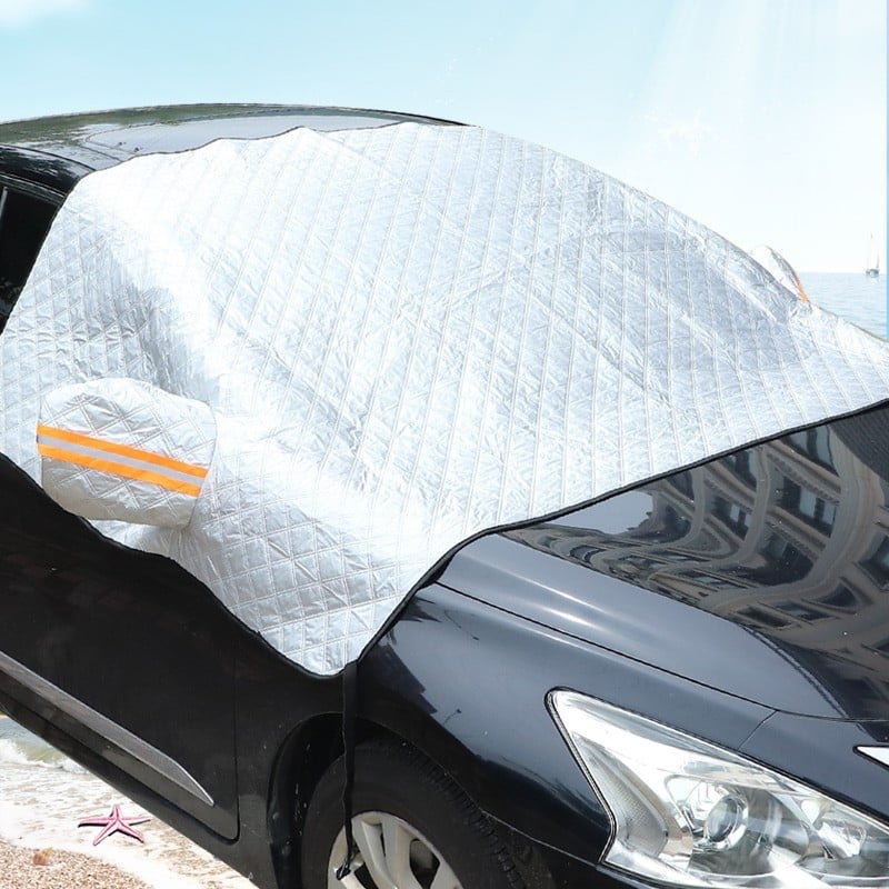 Зимна покривка за предното стъкло на автомобил (алуминиево фолио; удебелен; шарка: каре; монтаж тип карта; тегло 360 г)