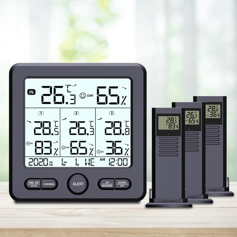 3-u-1 bežični digitalni mjerač temperature i vlage, unutarnje i vanjske upotrebe, s velikim zaslonom u boji i alarmom