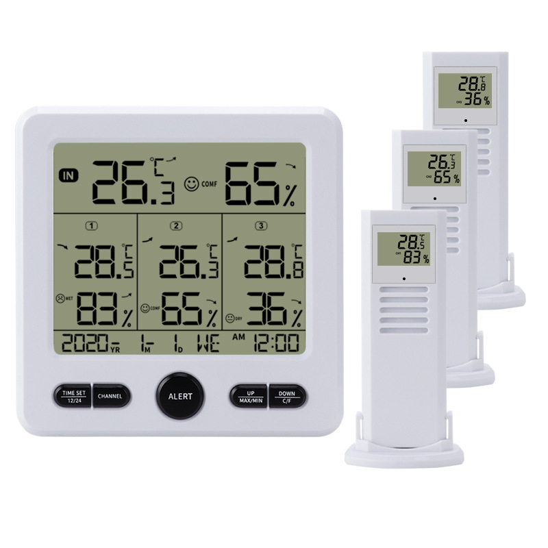 3-u-1 bežični digitalni mjerač temperature i vlage, unutarnje i vanjske upotrebe, s velikim zaslonom u boji i alarmom