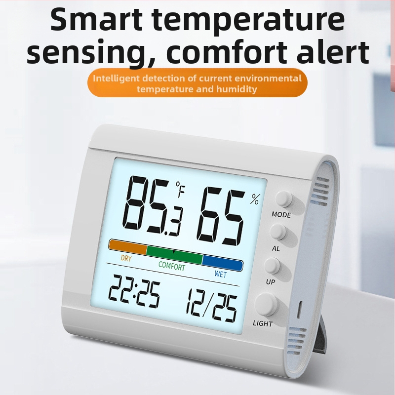Termometru de cameră cu monitorizarea umidității și temperaturii, rezoluție 0,1°C, ceas cu alarmă și timp și dată