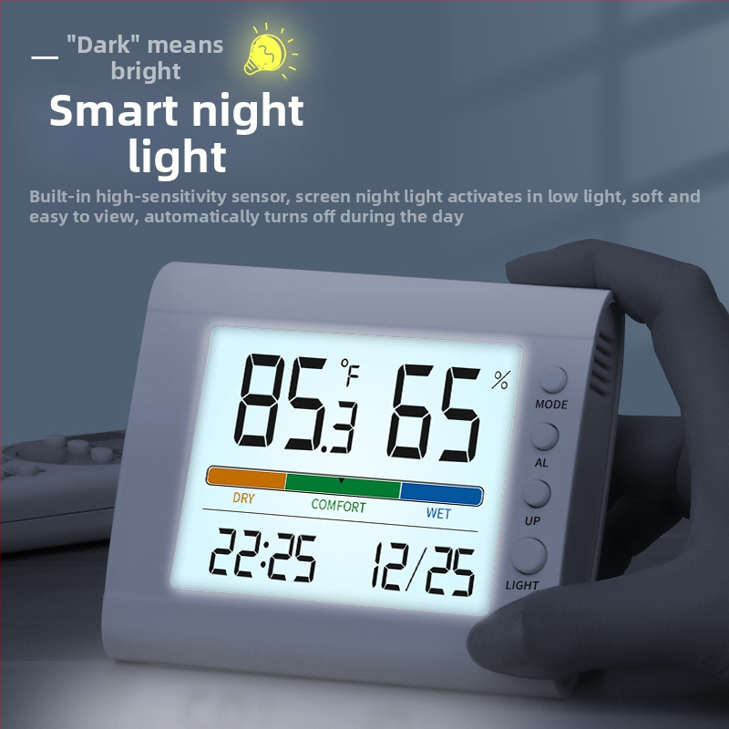 Termometru de cameră cu monitorizarea umidității și temperaturii, rezoluție 0,1°C, ceas cu alarmă și timp și dată