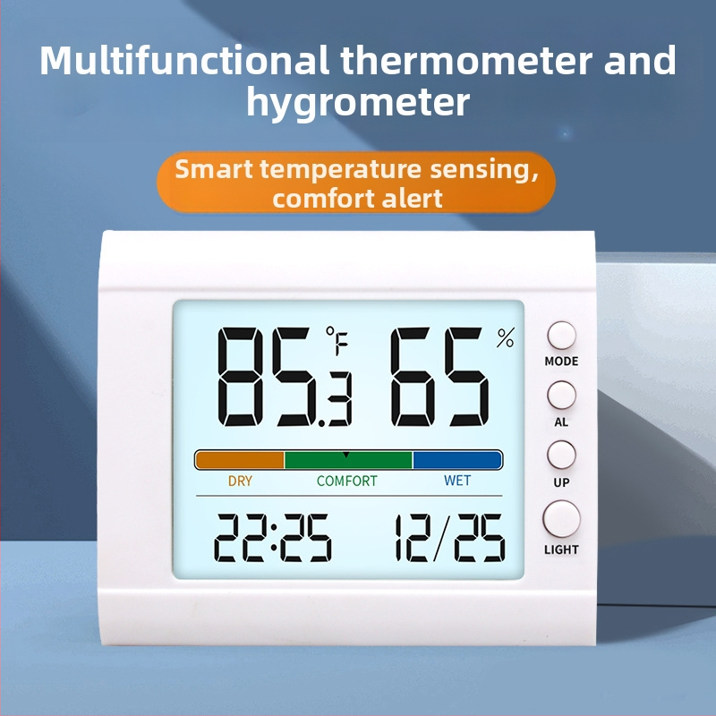 Termometru de cameră cu monitorizarea umidității și temperaturii, rezoluție 0,1°C, ceas cu alarmă și timp și dată