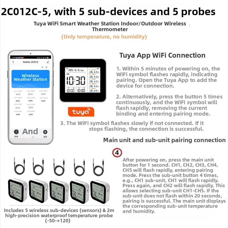 Nobitor WiFi bežični mjerač temperature i vlage s 5 senzora, vodootporna sonda za temperaturu za skladištenje, akvarij i uzgoj