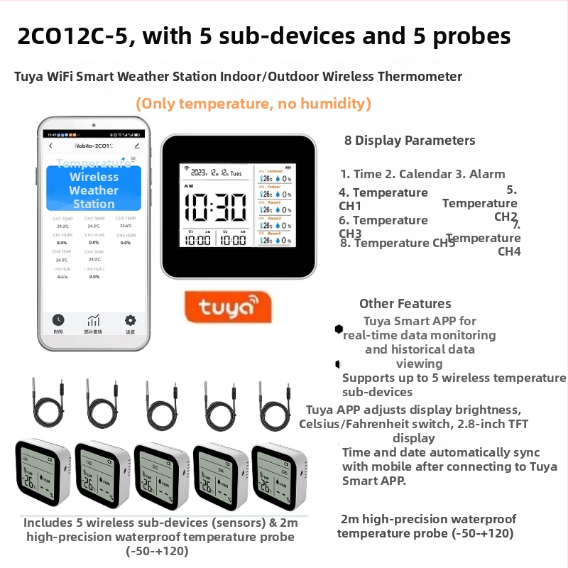 Nobitor WiFi bežični mjerač temperature i vlage s 5 senzora, vodootporna sonda za temperaturu za skladištenje, akvarij i uzgoj