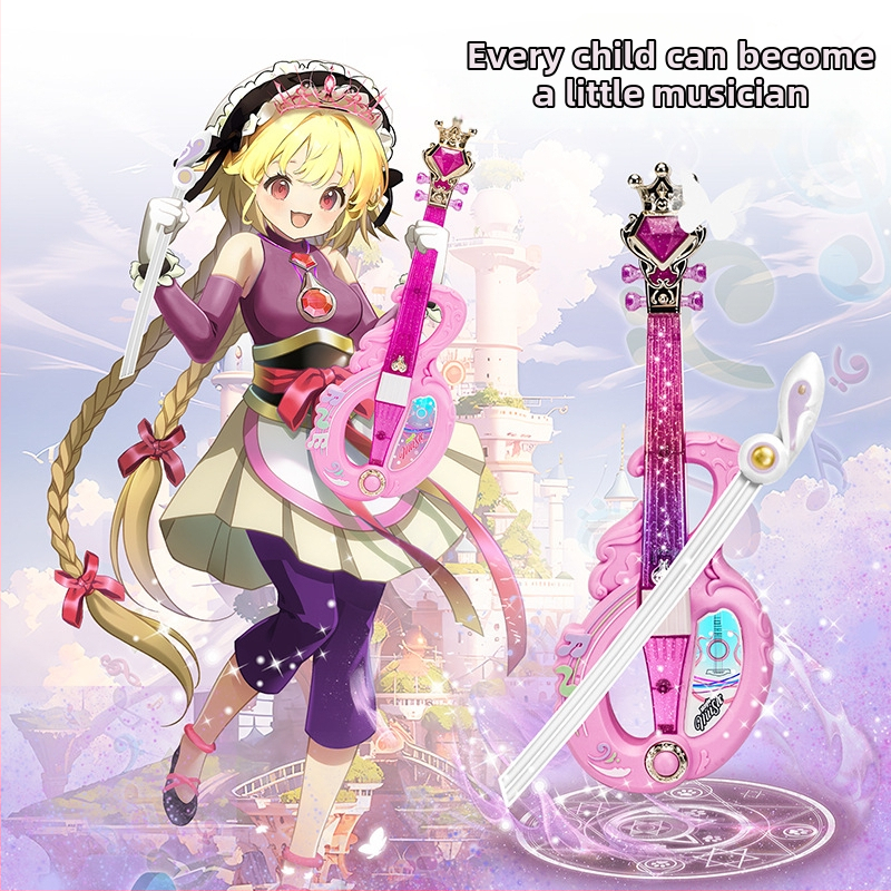 Vioară-jucărie muzicală pentru copii cu senzor de gravitație și muzică cu lumini; material plastic; interactiv; potrivit pentru 4–6 ani; stimulează coordonarea mână-ochi