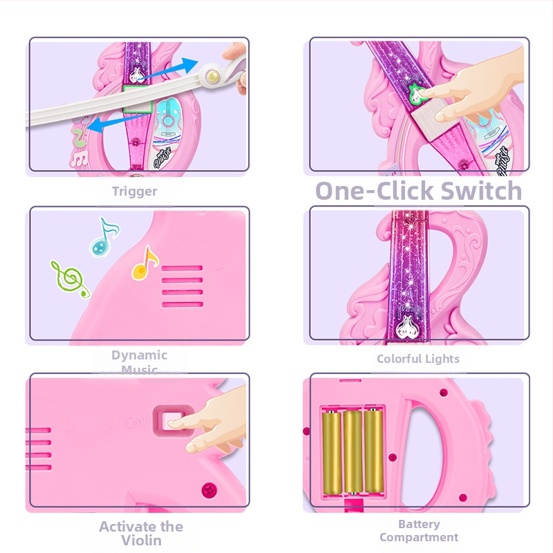 Vioară-jucărie muzicală pentru copii cu senzor de gravitație și muzică cu lumini; material plastic; interactiv; potrivit pentru 4–6 ani; stimulează coordonarea mână-ochi