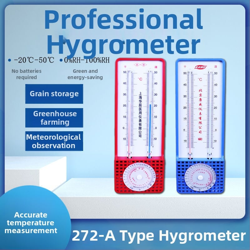 Термохигромер със сухо и мокро измерване в железен корпус – измерва температурата и влажността, без батерии, за вътрешна употреба и склад
