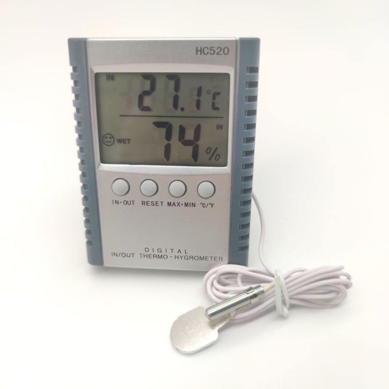 Цифров хигромер и измерител на температура и влажност с голям дисплей за вътрешна употреба (Диапазон на температурата: 0–50 °C; Диапазон на влажността: 10–99% RH; Точност на влажността: ±5%; Захранване: AAA 1.5V)