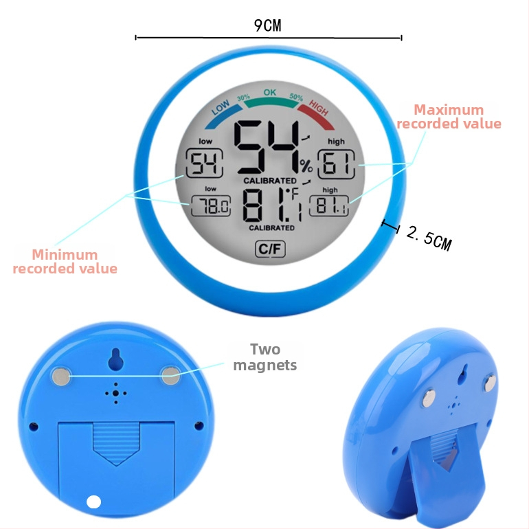 Измервател на температура и влажност, кръгъл тъч дизайн, цифров вътрешен термометър и хигромер, резолюция 0.1°C, персонализируем, марка SN