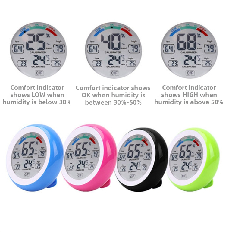 Измервател на температура и влажност, кръгъл тъч дизайн, цифров вътрешен термометър и хигромер, резолюция 0.1°C, персонализируем, марка SN