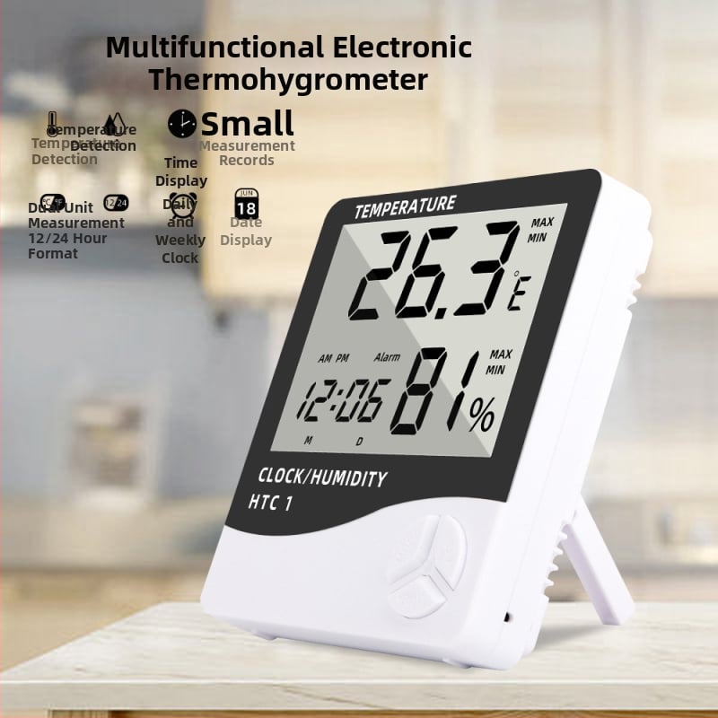 HTC-1 Termometru electronic de interior cu alarmă, pentru uz casnic, ecran mare digital, dispozitiv multiplu de măsurare a temperaturii și umidității (HTC-1; uz casnic; AAA 1.5V)