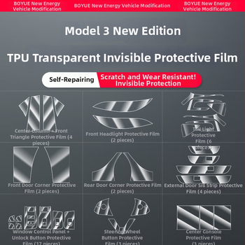 TPU ochranný film na stredový stĺpik pre Tesla Model 3 – ochrana proti poškriabaniu tlačidiel na volante, tlačidla dverí, centrálnu ovládaciu jednotku a panel ovládania okien