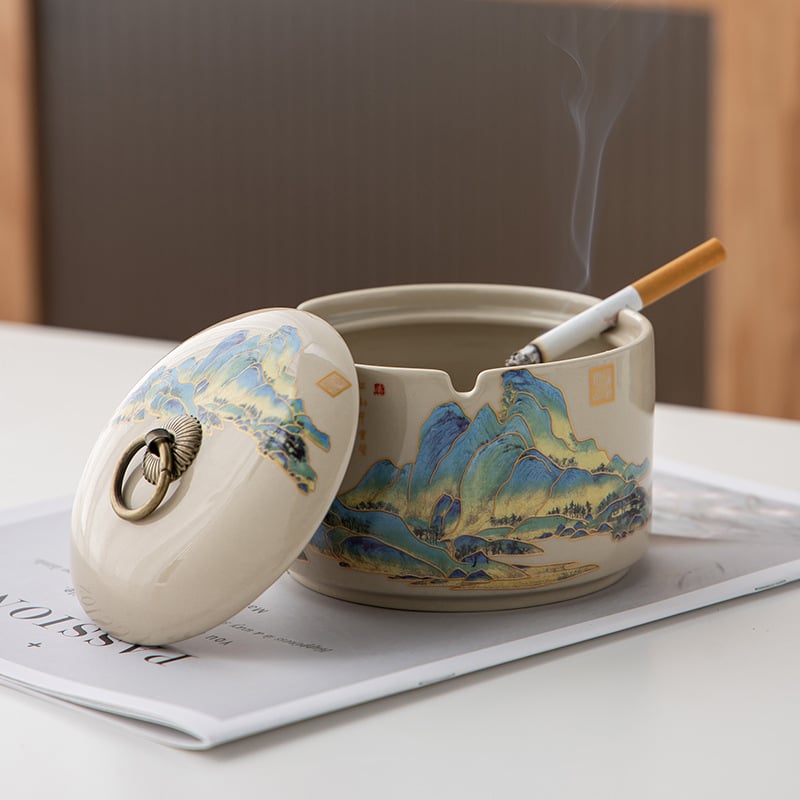 Scrumieră ceramică cu capac — brand Lijiang, stil chinezesc, logo imprimat, personalizare disponibilă