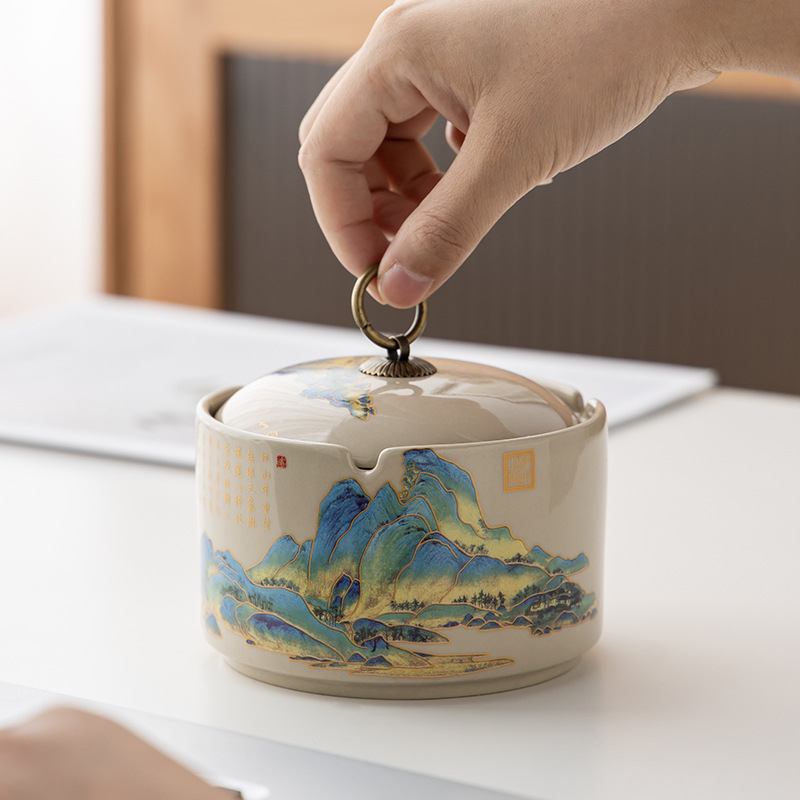 Scrumieră ceramică cu capac — brand Lijiang, stil chinezesc, logo imprimat, personalizare disponibilă