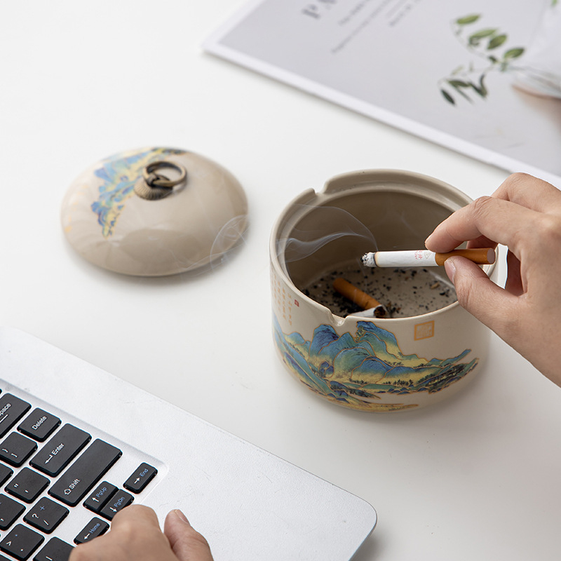 Scrumieră ceramică cu capac — brand Lijiang, stil chinezesc, logo imprimat, personalizare disponibilă