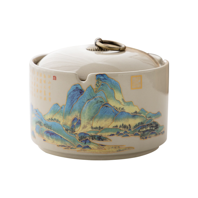 Scrumieră ceramică cu capac — brand Lijiang, stil chinezesc, logo imprimat, personalizare disponibilă
