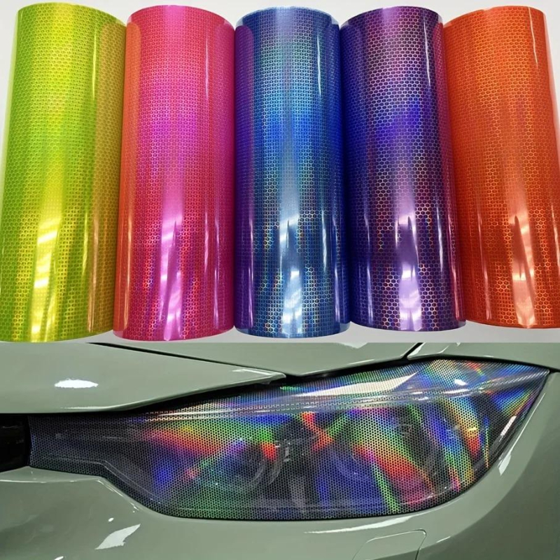 Филм за фарове и задни светлини за автомобили и мотори, диамантен лазерен модел на решетка (honeycomb), PVC филм, промяна на оттенък