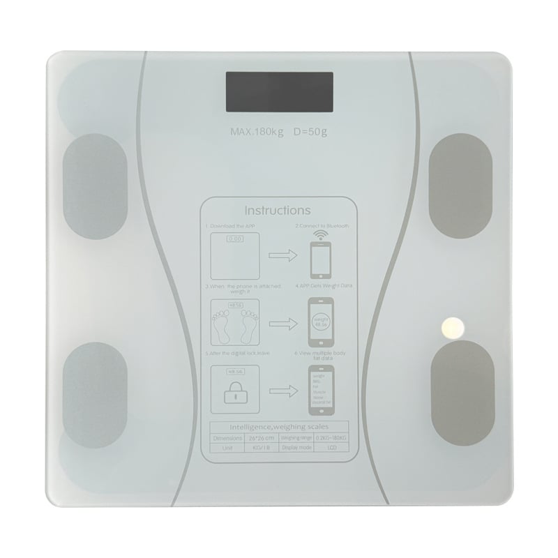 Ηλεκτρονική ζυγαριά μέτρησης βάρους και λίπους σώματος, με έξυπνες λειτουργίες, LCD οθόνη, αφής, με ανθεκτικό γυαλί, χωρητικότητα 180 kg (μπαταρία/ επαναφορτιζόμενη)