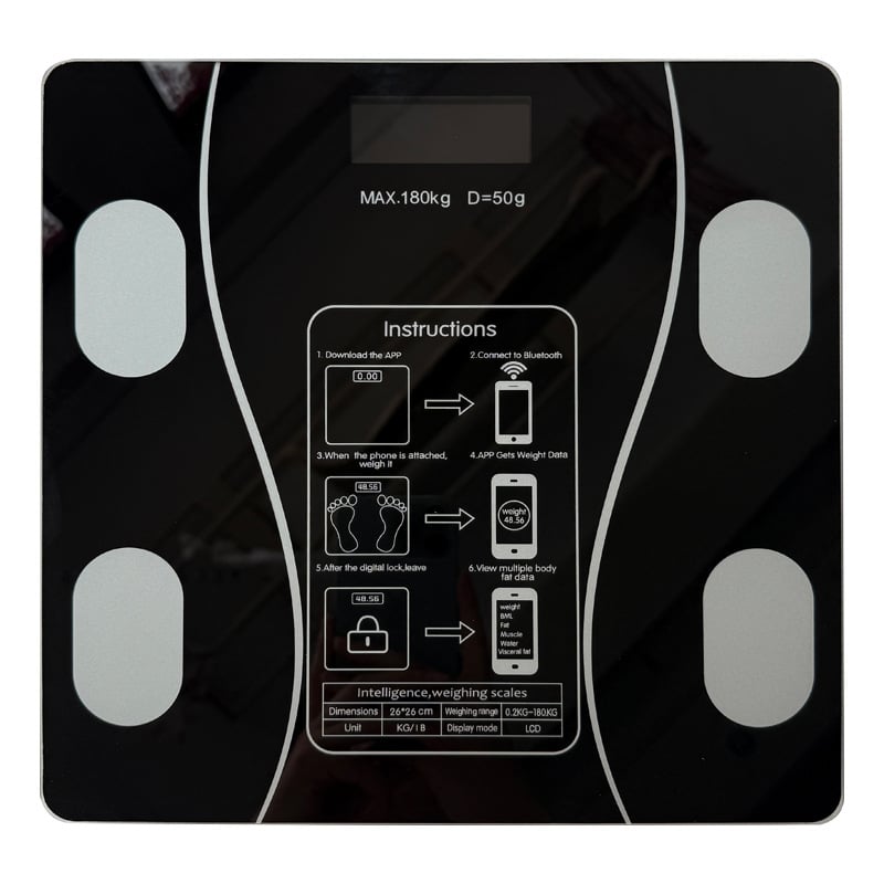Ηλεκτρονική ζυγαριά μέτρησης βάρους και λίπους σώματος, με έξυπνες λειτουργίες, LCD οθόνη, αφής, με ανθεκτικό γυαλί, χωρητικότητα 180 kg (μπαταρία/ επαναφορτιζόμενη)