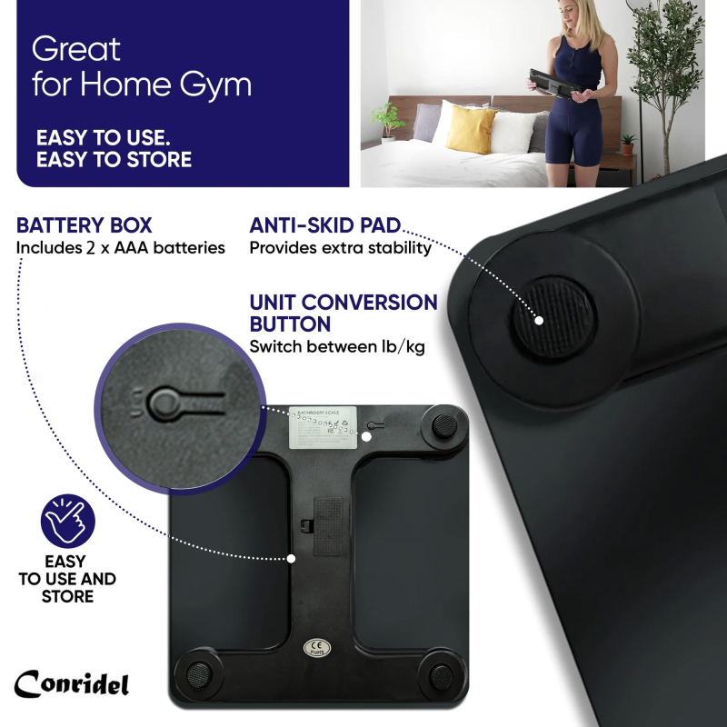 Bluetooth digitalna vaga za tijelo s platformom od kaljenog stakla debljine 5 mm, dimenzije 280×280 mm, mjeri težinu, tjelesnu masnoću, vlagu i kalorije, nosivost 180 kg, crna