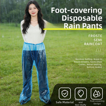 Duge hlače za kišu s zatvorenim nogama, za vožnju motociklom/električnim biciklom, jednokratne, PE tkanina, otporne na habanje, s logom