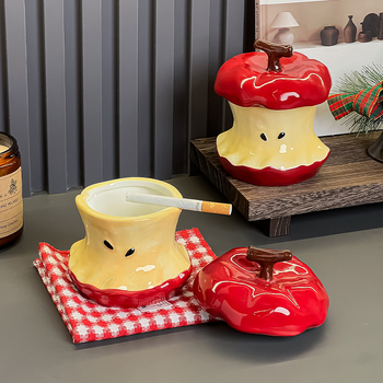 Cenușar ceramic în formă de măr cu capac, reutilizabil, accesorii decorative pentru living și birou