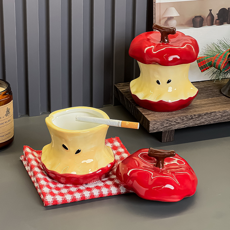 Cenușar ceramic în formă de măr cu capac, reutilizabil, accesorii decorative pentru living și birou