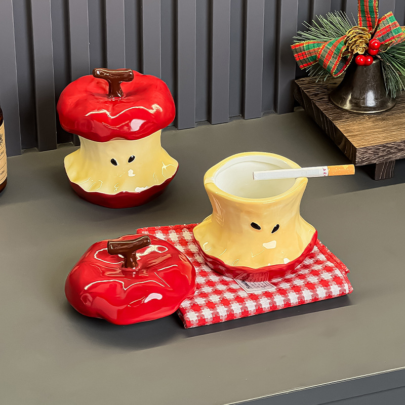 Cenușar ceramic în formă de măr cu capac, reutilizabil, accesorii decorative pentru living și birou