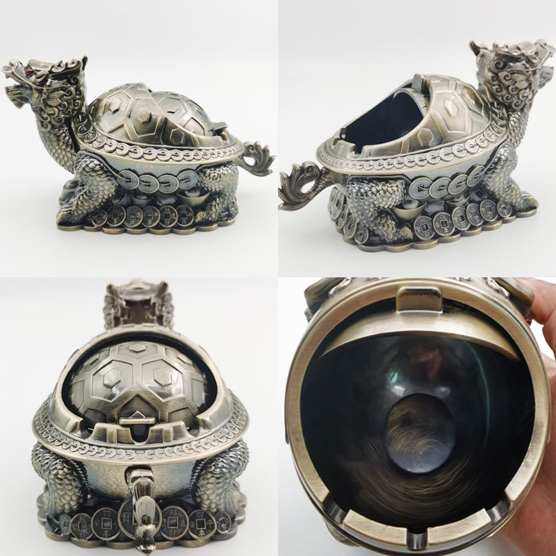 Metalni pepelnjak s poklopcem, motiv dragon-turtle, dekorativan u starinskom stilu