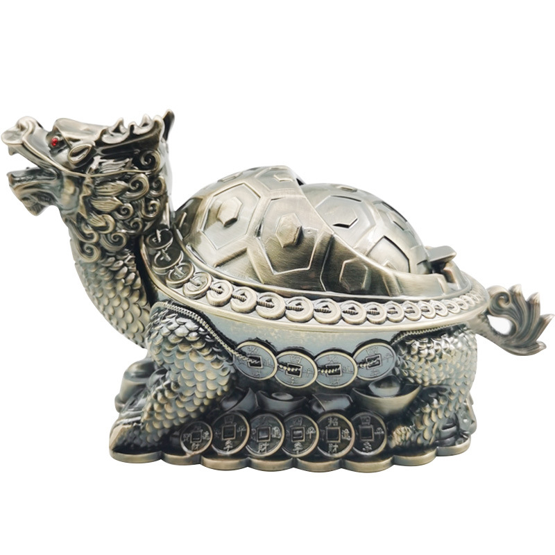 Metalni pepelnjak s poklopcem, motiv dragon-turtle, dekorativan u starinskom stilu