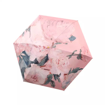 Umbrelă cu pictură în ulei, umbrelă capsulă pentru soare și ploaie, ramă din fier cu 6 brațe, UPF 50+, deschidere/închidere manuală