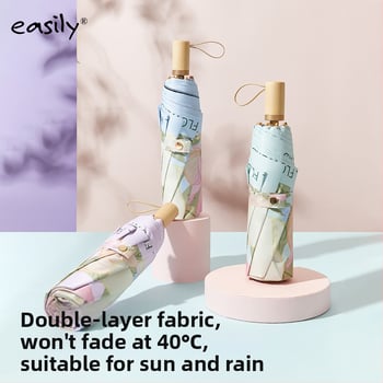 EASILY trostrano sklopivi kišobran s UV zaštitom UPF50+, 8 rebara, tkanina od poliestera 210T, aluminijska konstrukcija, drvena drška