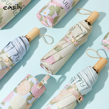 EASILY trostrano sklopivi kišobran s UV zaštitom UPF50+, 8 rebara, tkanina od poliestera 210T, aluminijska konstrukcija, drvena drška