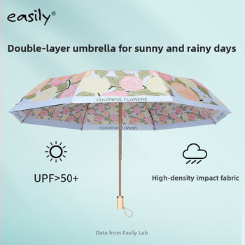 EASILY trostrano sklopivi kišobran s UV zaštitom UPF50+, 8 rebara, tkanina od poliestera 210T, aluminijska konstrukcija, drvena drška
