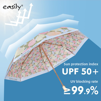 EASILY trostrano sklopivi kišobran s UV zaštitom UPF50+, 8 rebara, tkanina od poliestera 210T, aluminijska konstrukcija, drvena drška