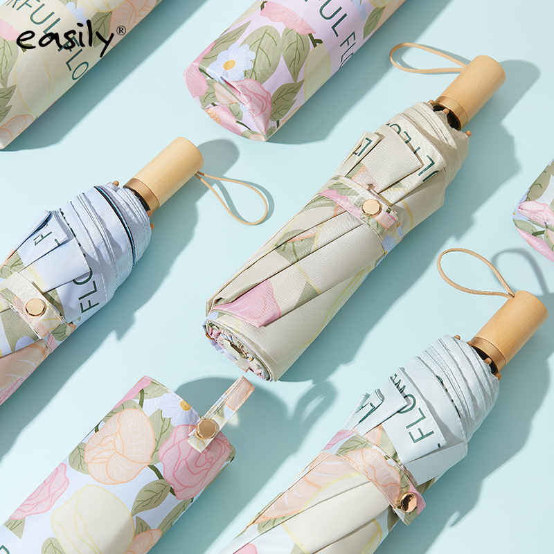 EASILY trostrano sklopivi kišobran s UV zaštitom UPF50+, 8 rebara, tkanina od poliestera 210T, aluminijska konstrukcija, drvena drška