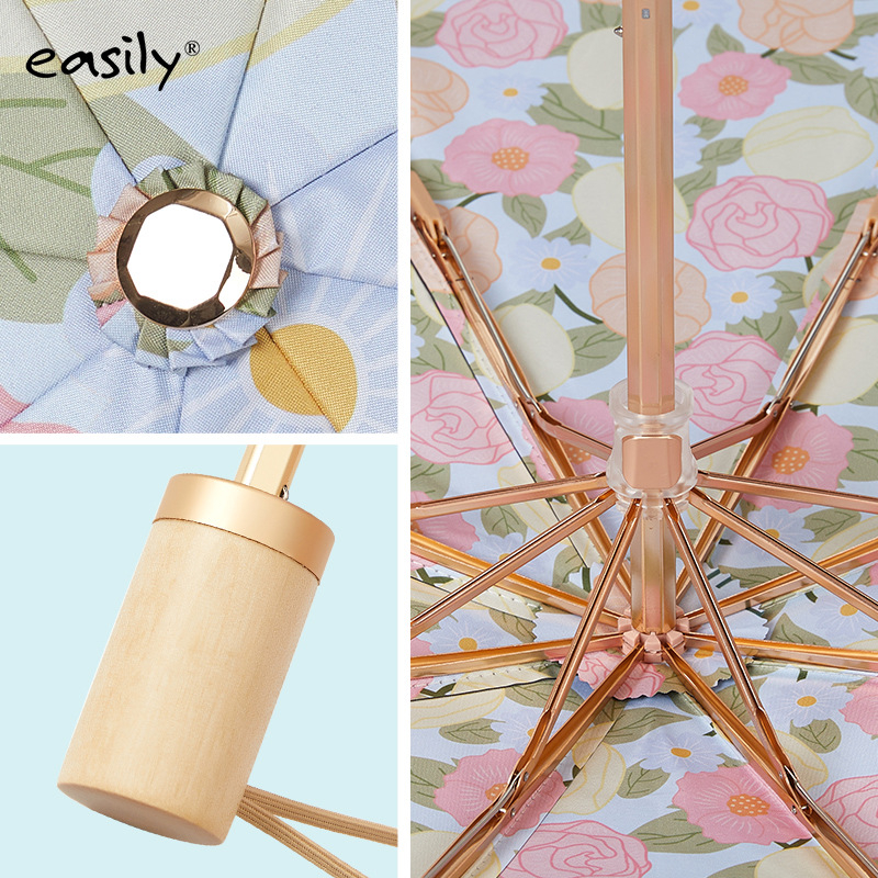 EASILY trostrano sklopivi kišobran s UV zaštitom UPF50+, 8 rebara, tkanina od poliestera 210T, aluminijska konstrukcija, drvena drška