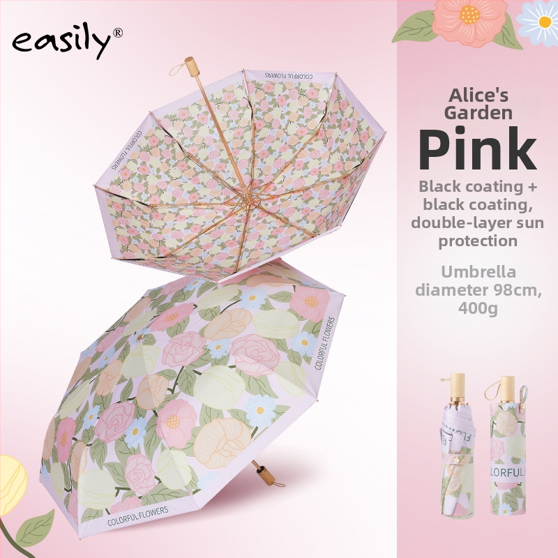 EASILY trostrano sklopivi kišobran s UV zaštitom UPF50+, 8 rebara, tkanina od poliestera 210T, aluminijska konstrukcija, drvena drška