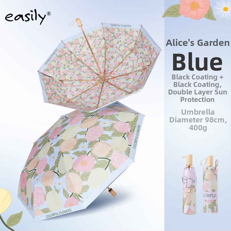 EASILY trostrano sklopivi kišobran s UV zaštitom UPF50+, 8 rebara, tkanina od poliestera 210T, aluminijska konstrukcija, drvena drška