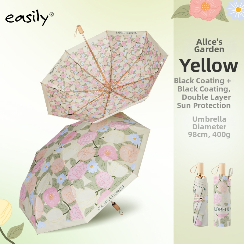 EASILY trostrano sklopivi kišobran s UV zaštitom UPF50+, 8 rebara, tkanina od poliestera 210T, aluminijska konstrukcija, drvena drška