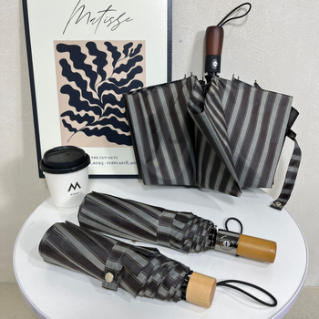 Automatski sklopivi kišobran s 10 rebara, drška od masivnog drveta, 210T tkanina