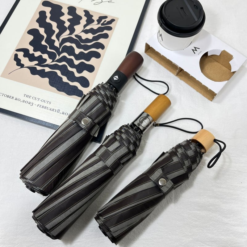 Automatski sklopivi kišobran s 10 rebara, drška od masivnog drveta, 210T tkanina