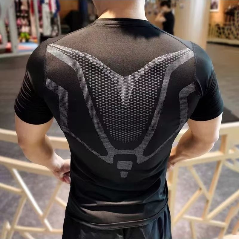 Muška sportska majica kratkih rukava, slim fit, brzo sušeći poliester, Milk Silk, geometrijski uzorak, ljeto