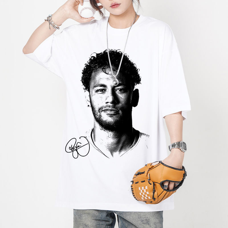 Neymar Jr. T-shirt od teškog pamuka s printom, kratki rukavi, okrugli izrez, američki retro košarkaški stil