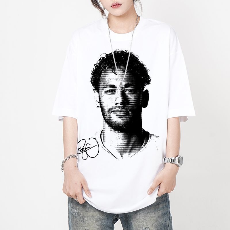 Neymar Jr. T-shirt od teškog pamuka s printom, kratki rukavi, okrugli izrez, američki retro košarkaški stil