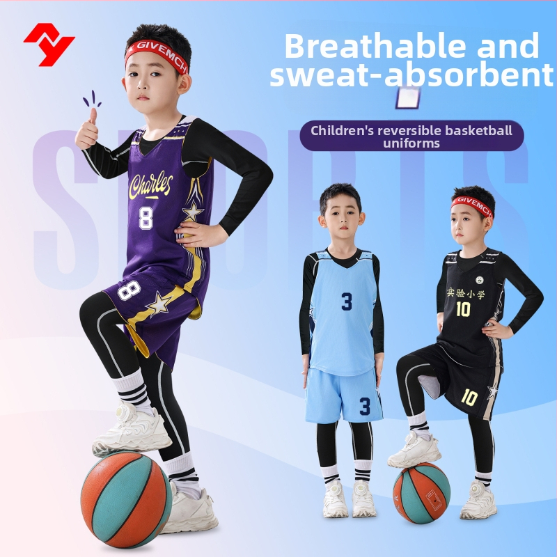Detský basketbalový set – štyroch kusov – 100% polyester, rýchloschnúci, priedušný, odvádzajúci vlhkosť, unisex
