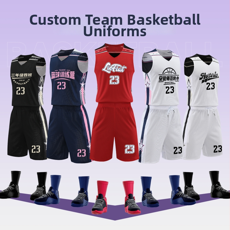 Detský basketbalový set – štyroch kusov – 100% polyester, rýchloschnúci, priedušný, odvádzajúci vlhkosť, unisex